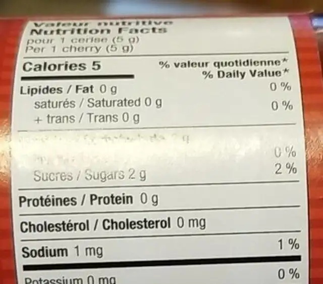 Cerises au marasquin nutrition facts table