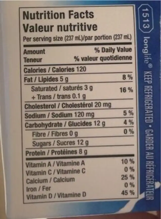 Frais lait nutrition facts table