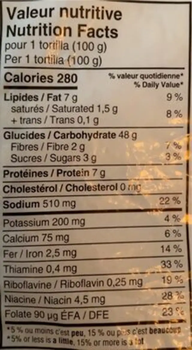 Tortillas burritos nutrition facts table