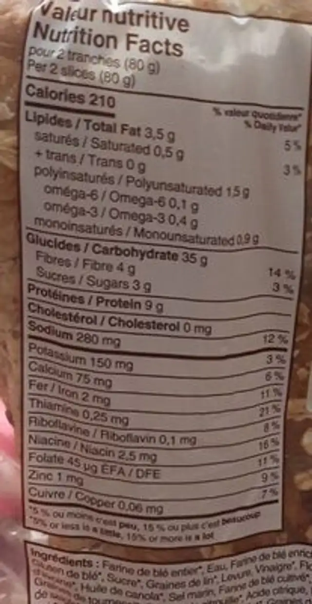 La mie bio nutrition facts table