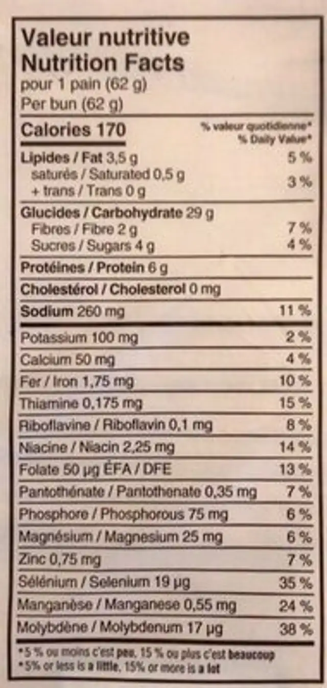 Pain à hamburger 12 céréales nutrition facts table