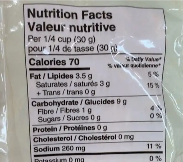 PC Vegan Cheddar Shreds nutrition facts table
