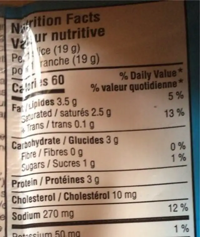 Tranches melts nutrition facts table