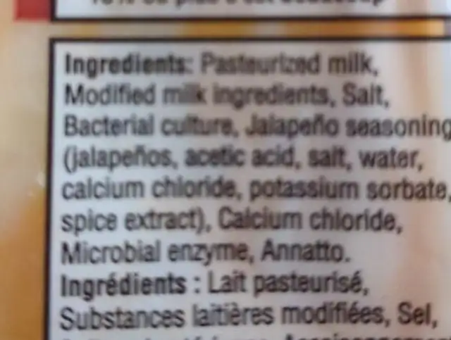Fromage cheddar mexicain ingredients label