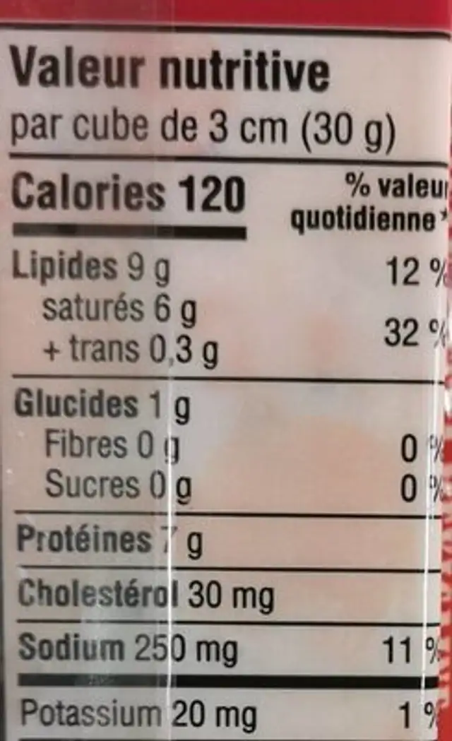 Fromage cheddar mexicain nutrition facts table