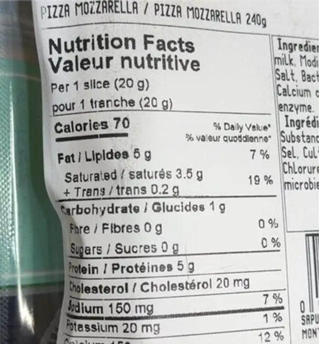 Mozzarella nutrition facts table