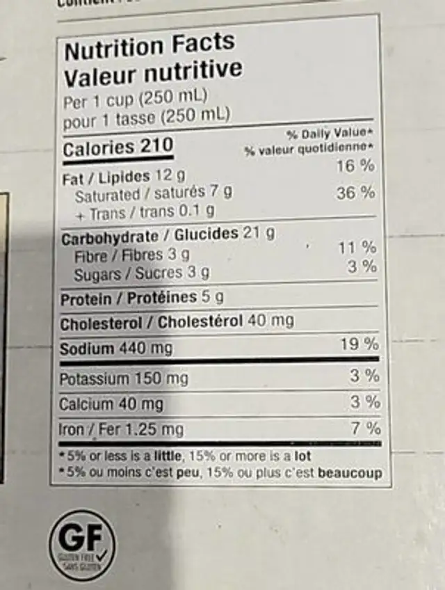 Soupe pois chiches nutrition facts table