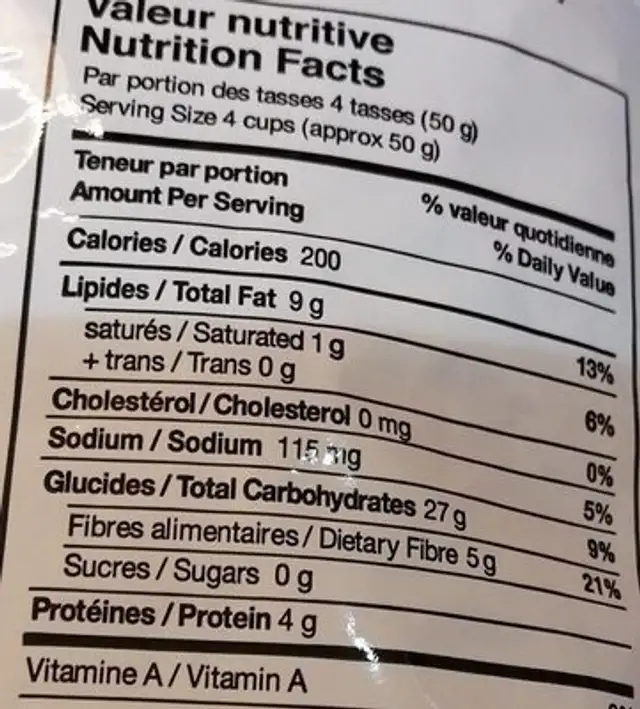 Popcorn nutrition facts table