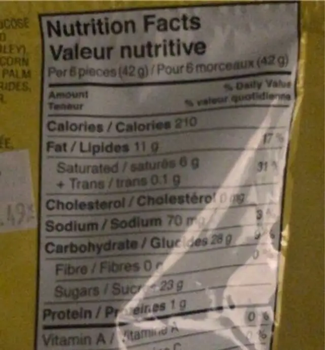 Mr. Big minis nutrition facts table