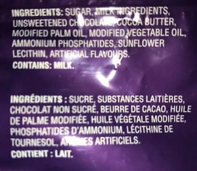 Buttons boutons Dairy Milk ingredients label