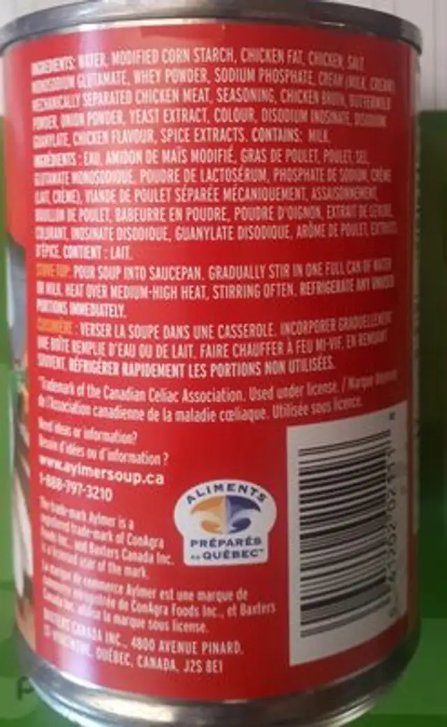 Creme de poulet ingredients label