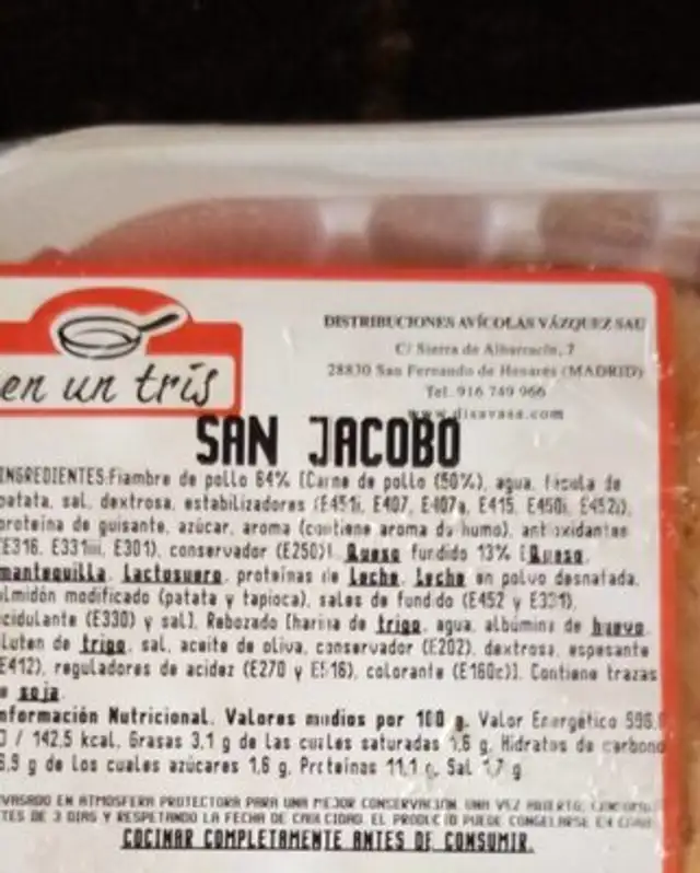 San Jacobo nutrition facts table