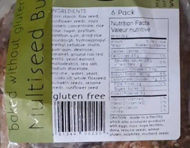 Multiseed Buns gluten free nutrition facts table