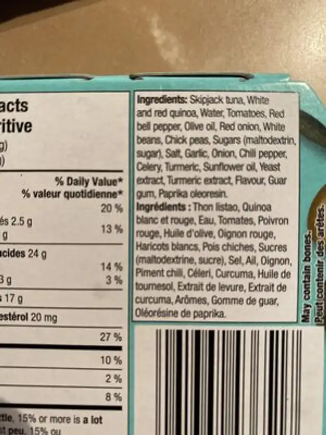 Tuna Salad with Quinoa and Olive oil ingredients label