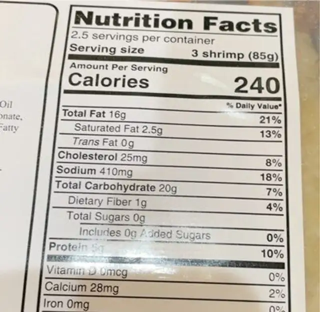 Tempura shrimp nutrition facts table