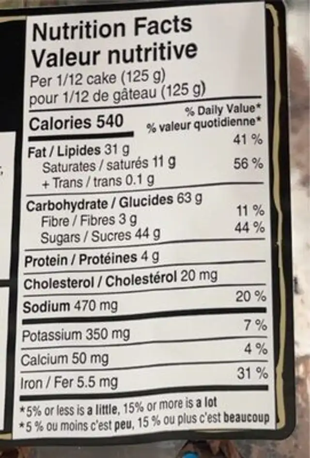 Gateau Chocolat FM nutrition facts table