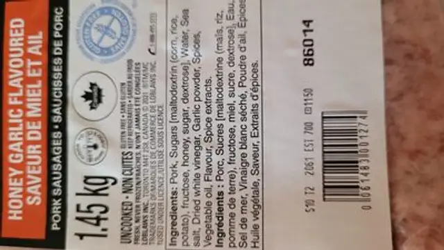 Honey garlic ingredients label