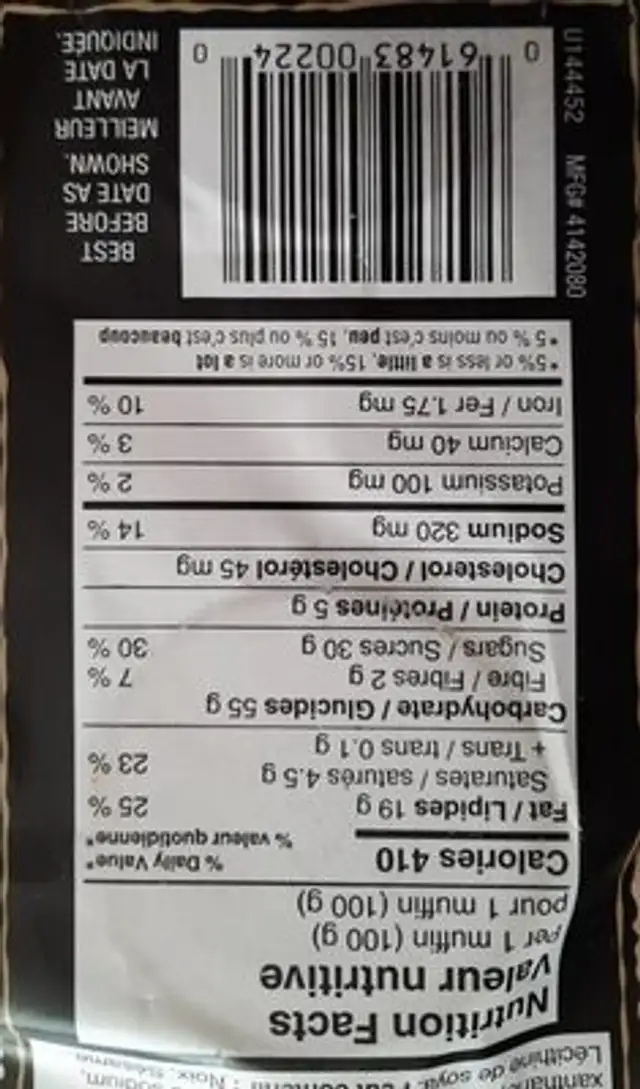 Muffins au sirop d'érable nutrition facts table