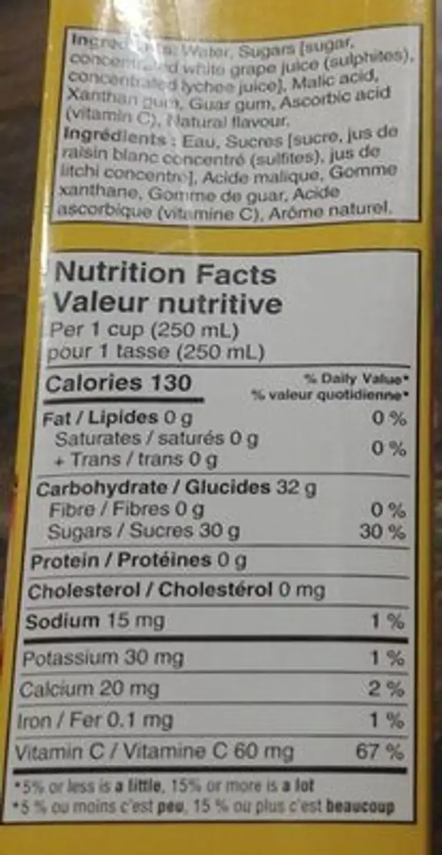 Lychee drink nutrition facts table