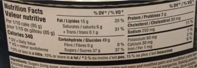 Vanilla Cake nutrition facts table