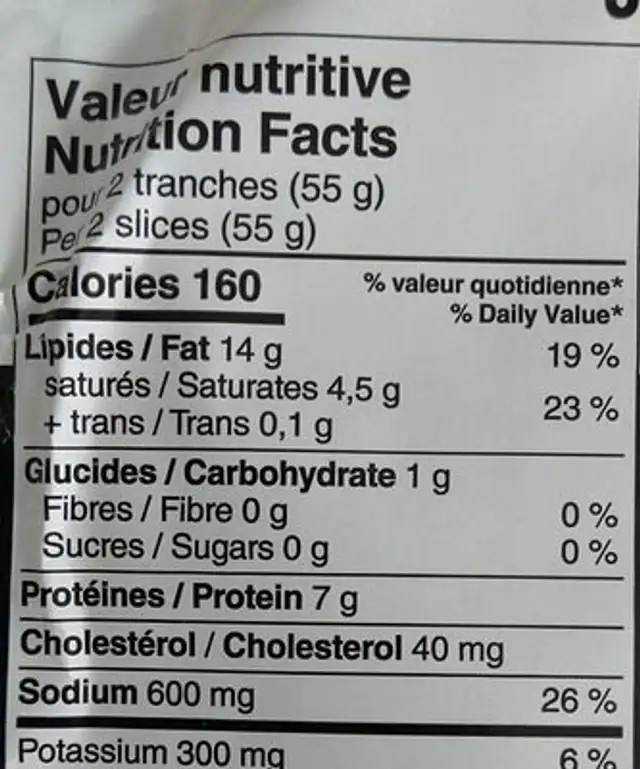 Bologne nutrition facts table