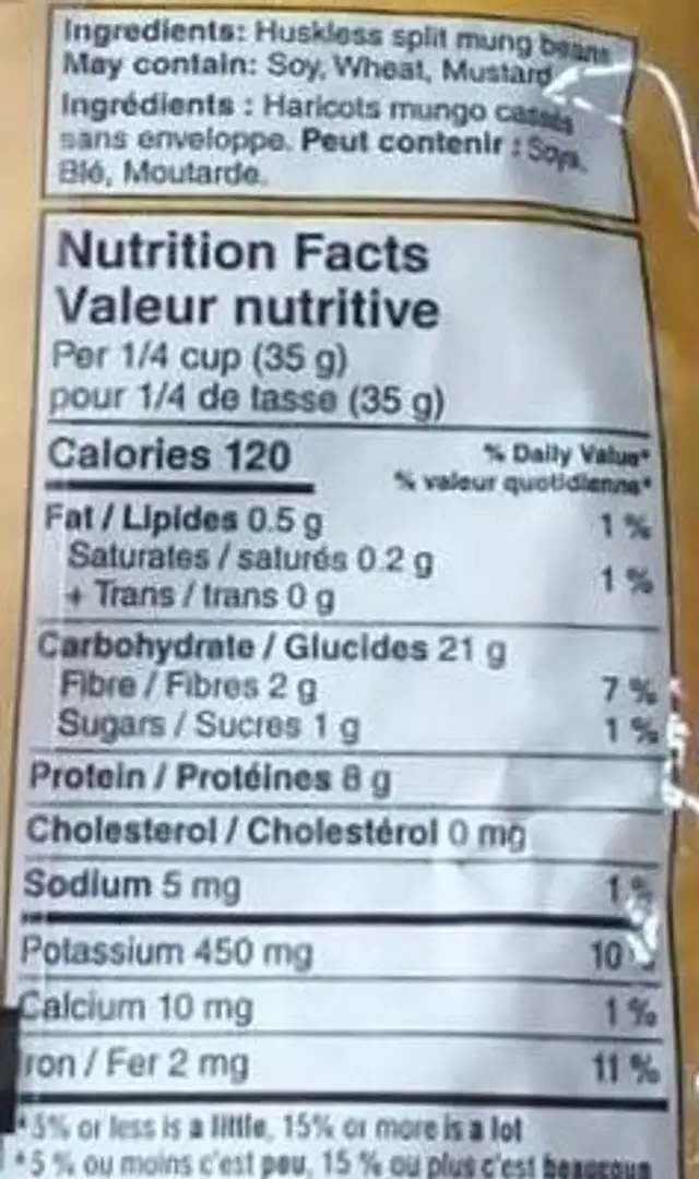 huskless split mung beens nutrition facts table
