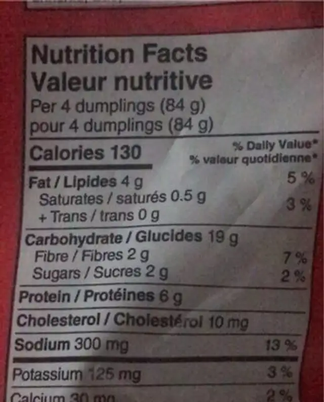 Rooster Chicken Dumplings nutrition facts table