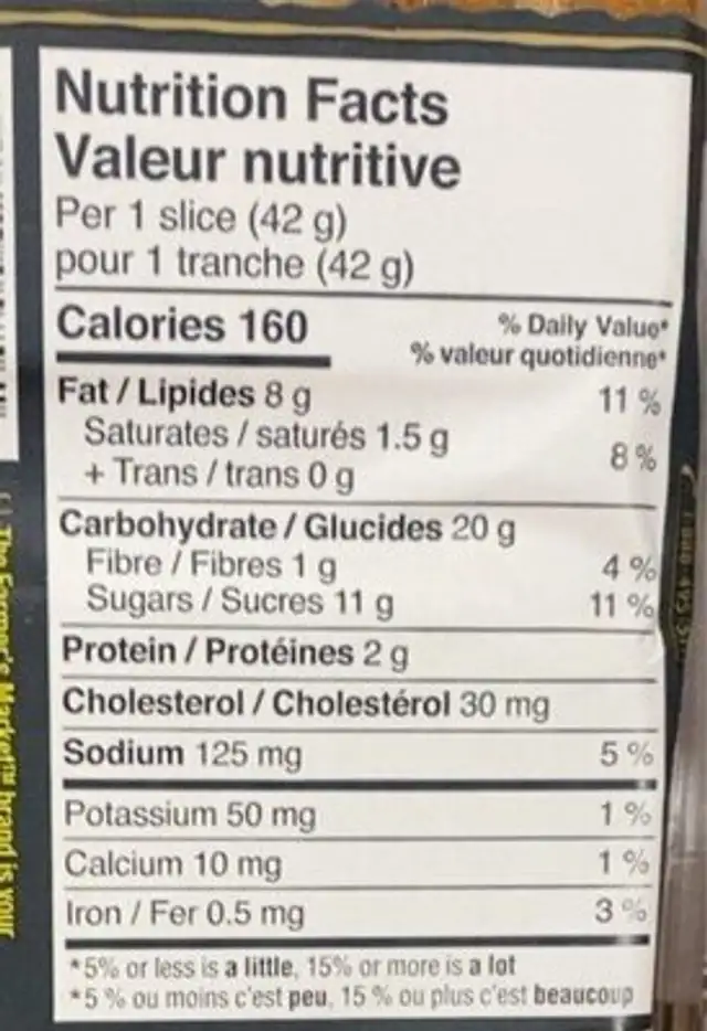 Gâteau tranché aux bananes nutrition facts table