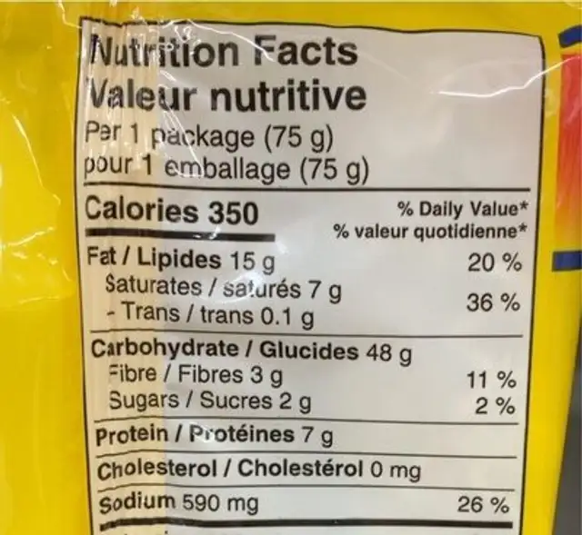 Masala Noodles nutrition facts table
