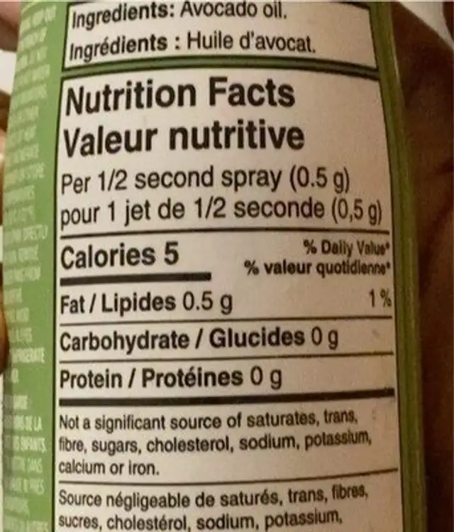 100% pure avocado oil spray nutrition facts table
