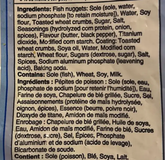Catch of the day ingredients label