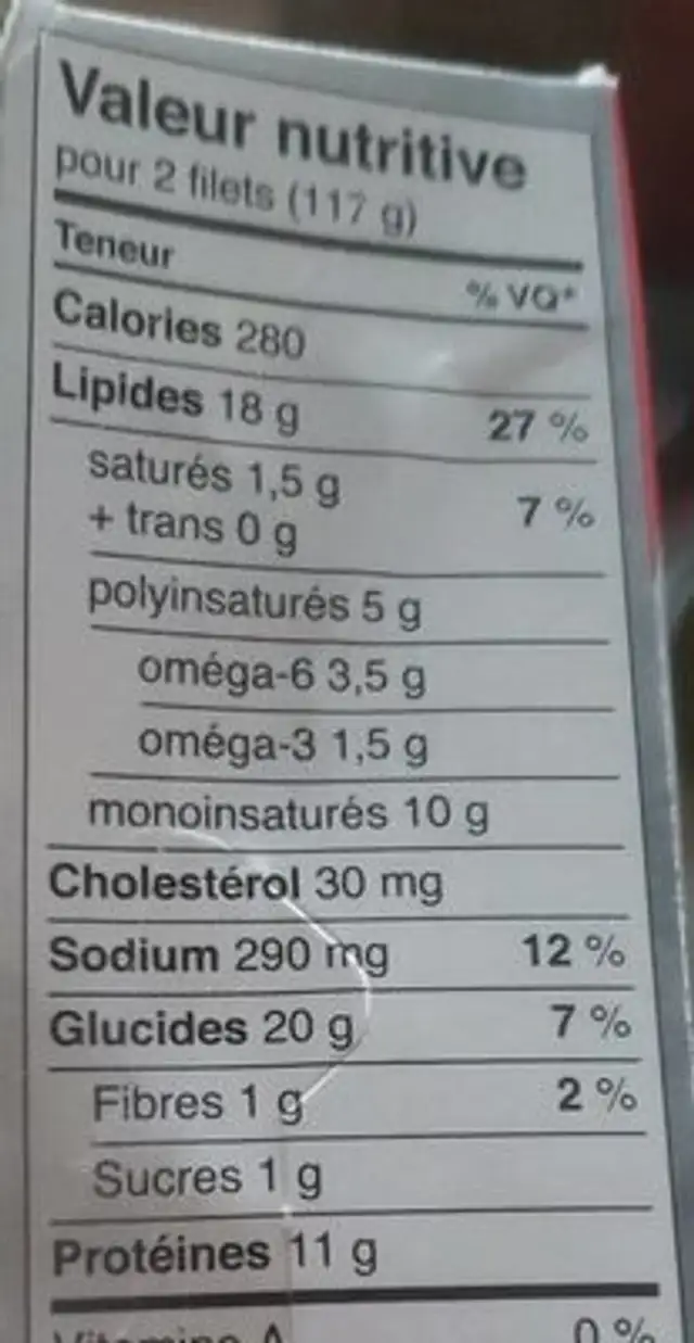 High liner haddock nutrition facts table