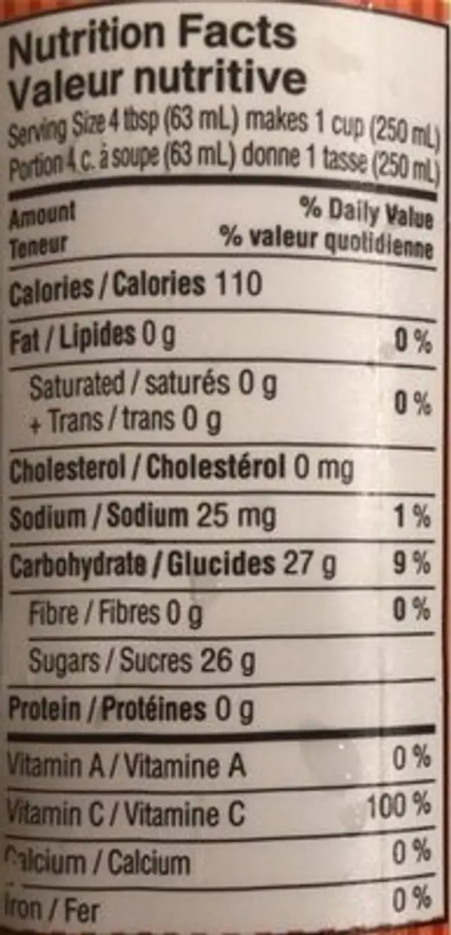 Peach Perfection nutrition facts table