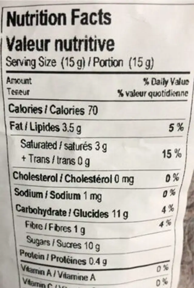 Chippers nutrition facts table