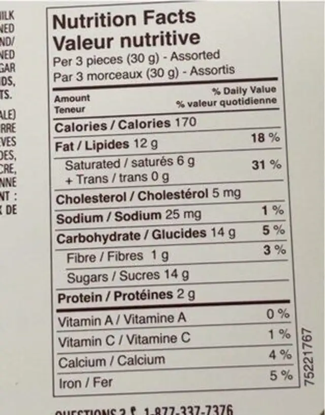 Golden gallery nutrition facts table