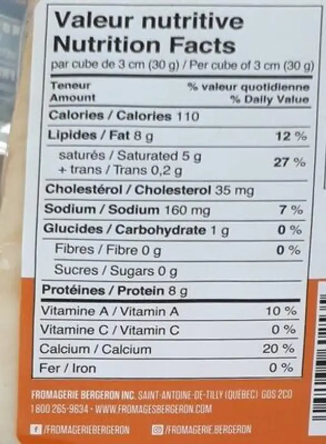 Fromage nutrition facts table