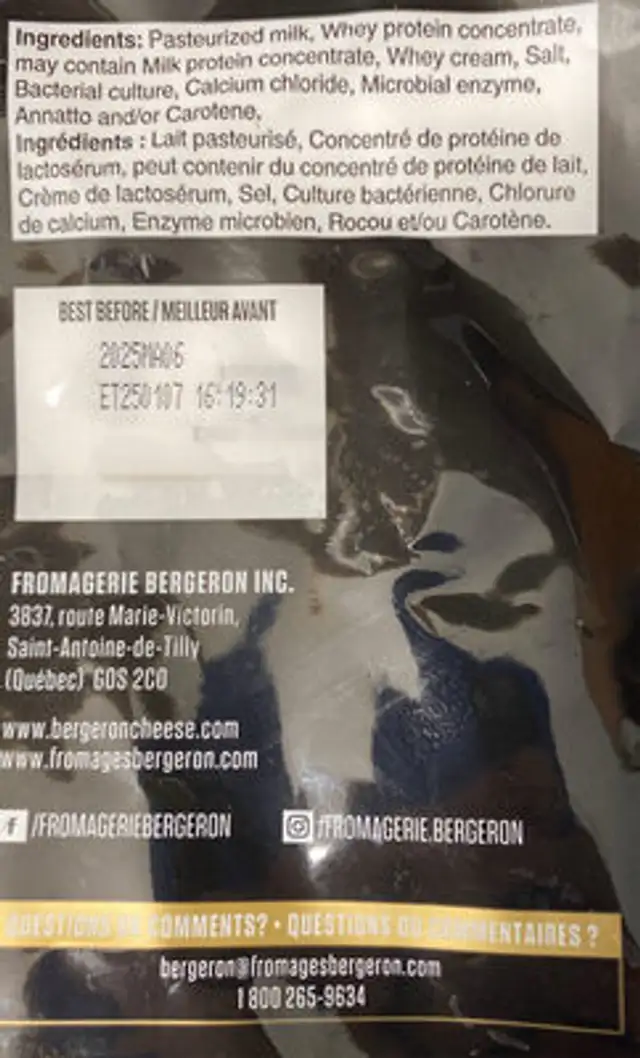 Cheese Selection ingredients label
