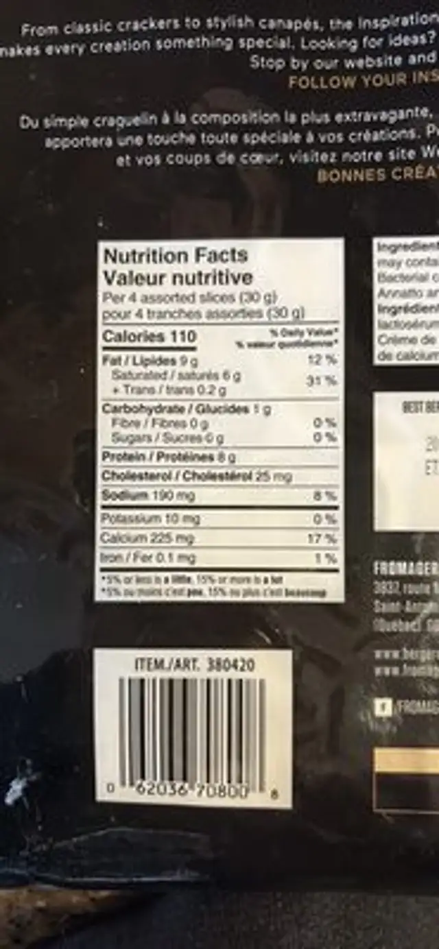 Cheese Selection nutrition facts table