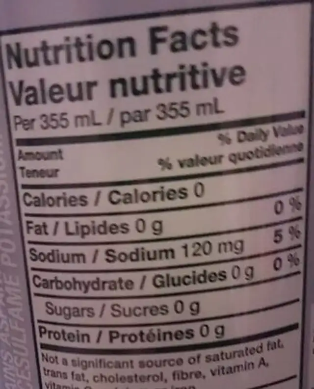 diet Ginger Ale nutrition facts table