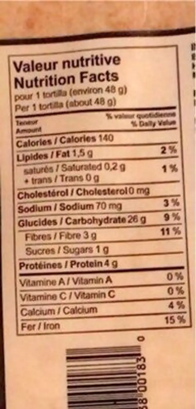 Pain d’épautre nutrition facts table