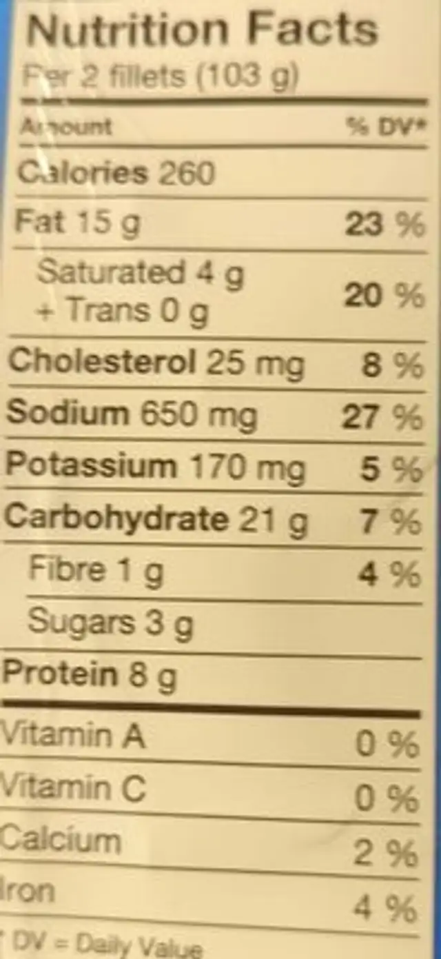 Potato crunch fillets nutrition facts table