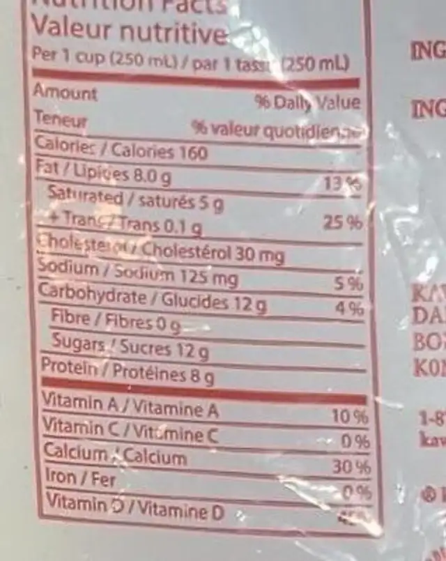 Homogenized Milk nutrition facts table