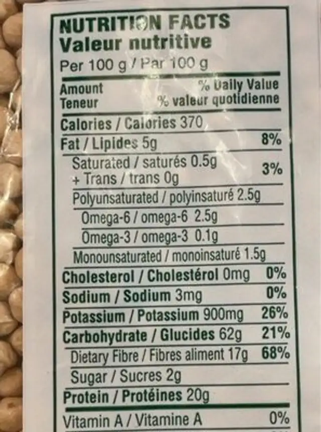 Pois chiches nutrition facts table
