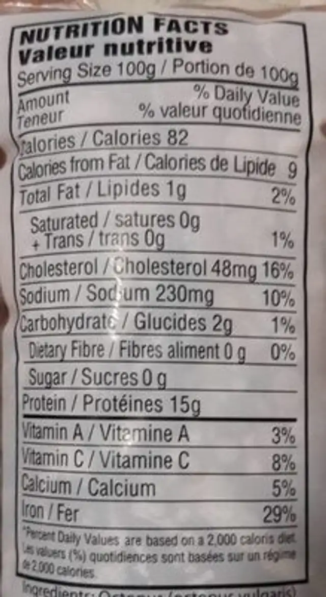Frozen Octopus nutrition facts table