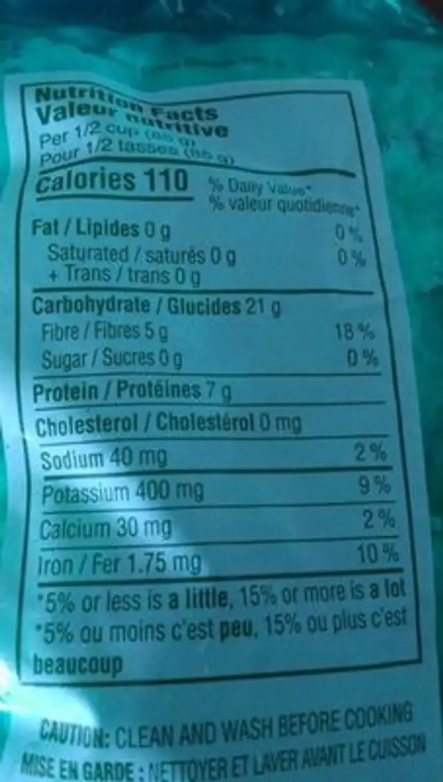 Haricots de Lima congelé nutrition facts table
