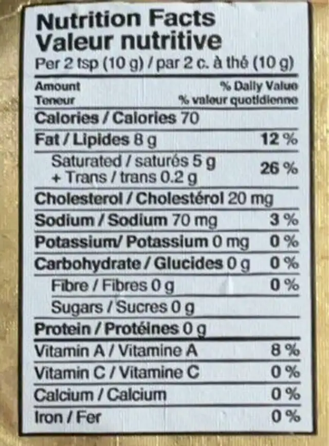 Organic Salted Butter nutrition facts table