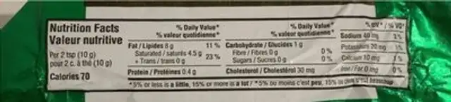 Grass fed organic butter nutrition facts table