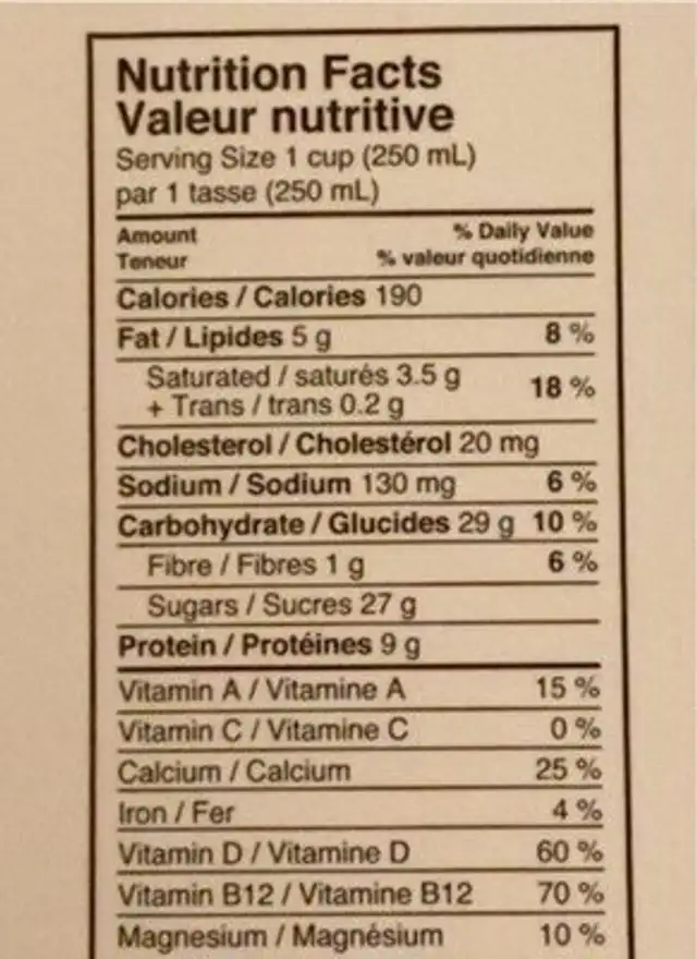Organic Chocolate Milk nutrition facts table
