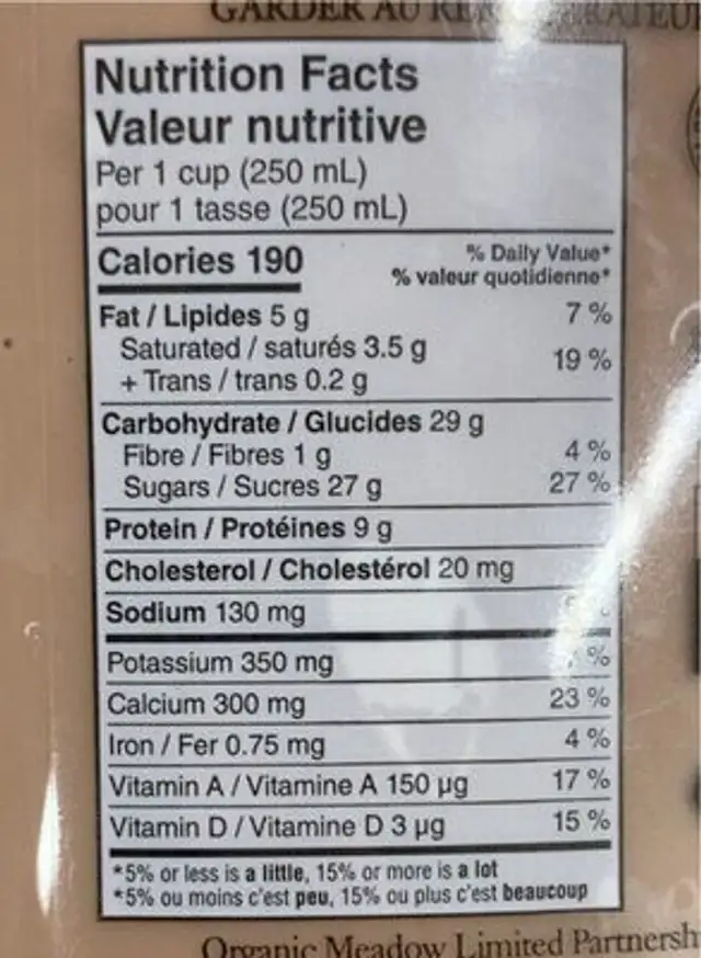 organic chocolate milk nutrition facts table