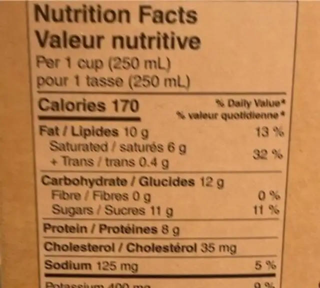 Organic whole milk nutrition facts table
